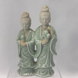 Vtg Porcelain Bisque Couple Man Woman Figurine Celadon Asian Chinese Statue